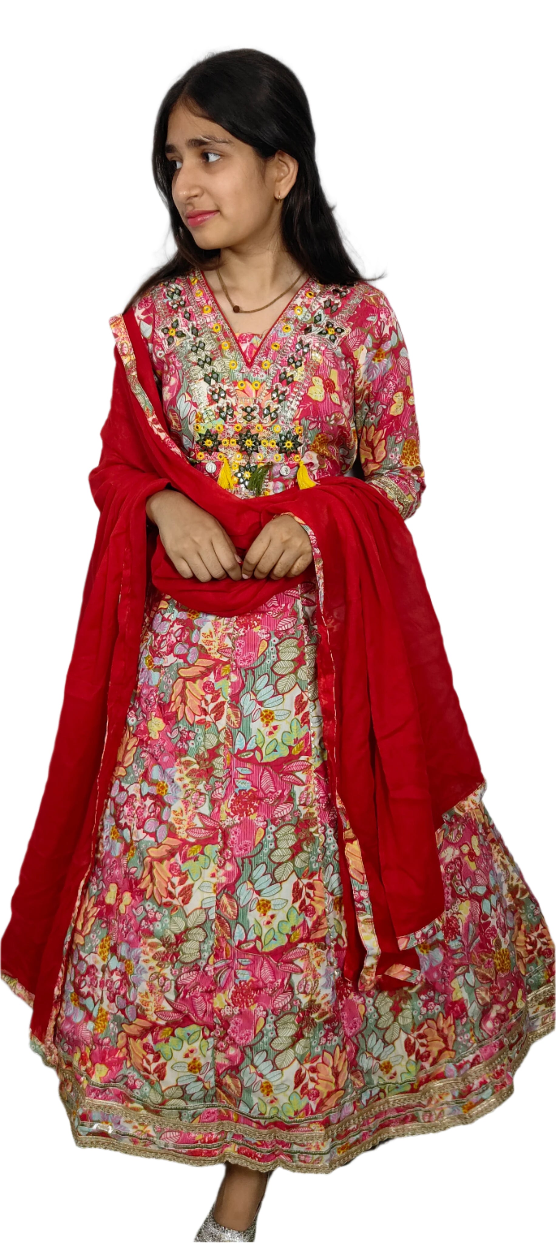 Floral Anarkali Suit with Red Dupatta (Z093)
