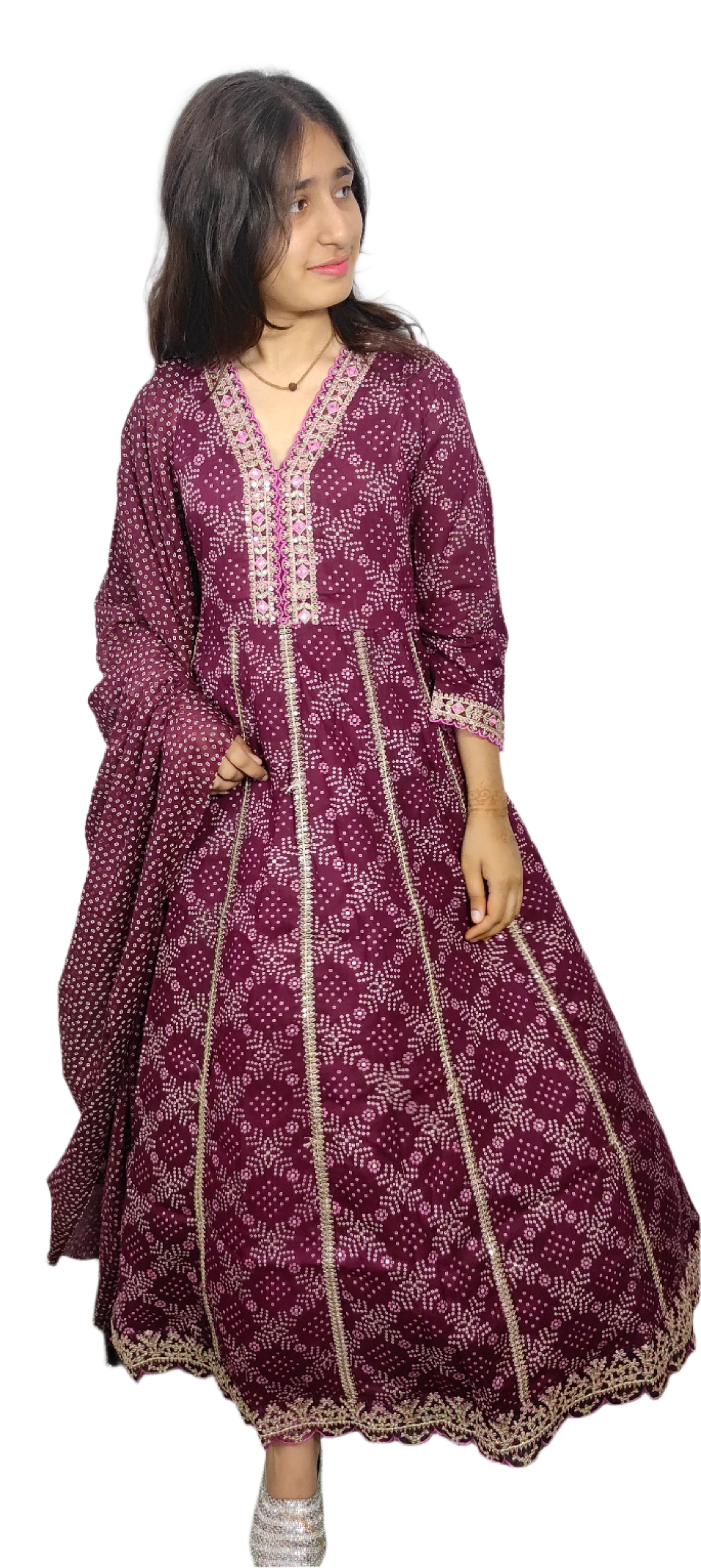 Maroon Bandhani 3 piece Kurta Set (Z03)