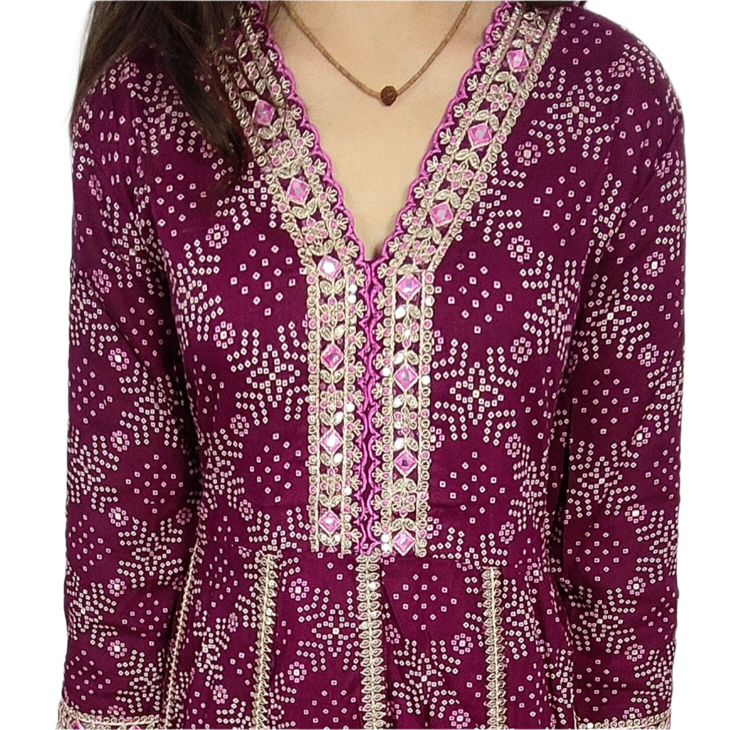 Maroon Bandhani 3 piece Kurta Set (Z03)