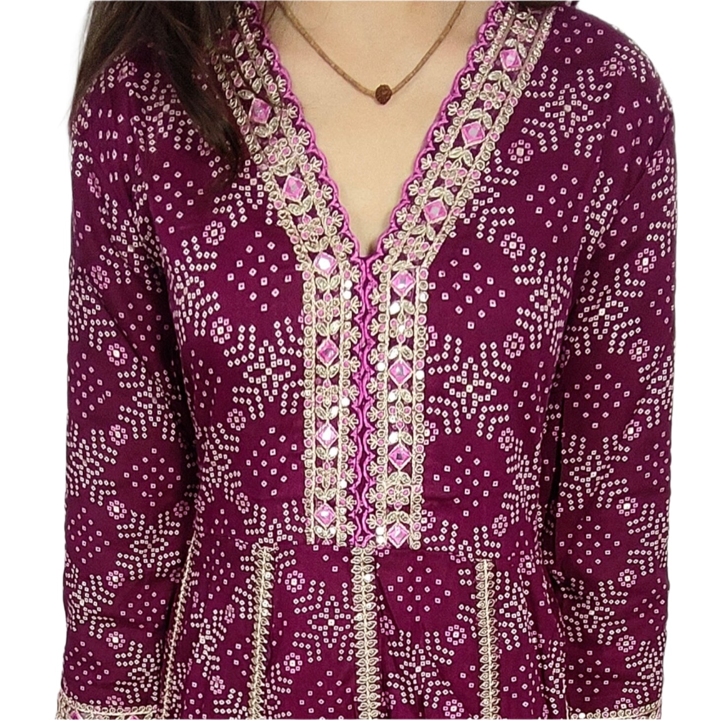 Maroon Bandhani 3 piece Kurta Set (Z03)