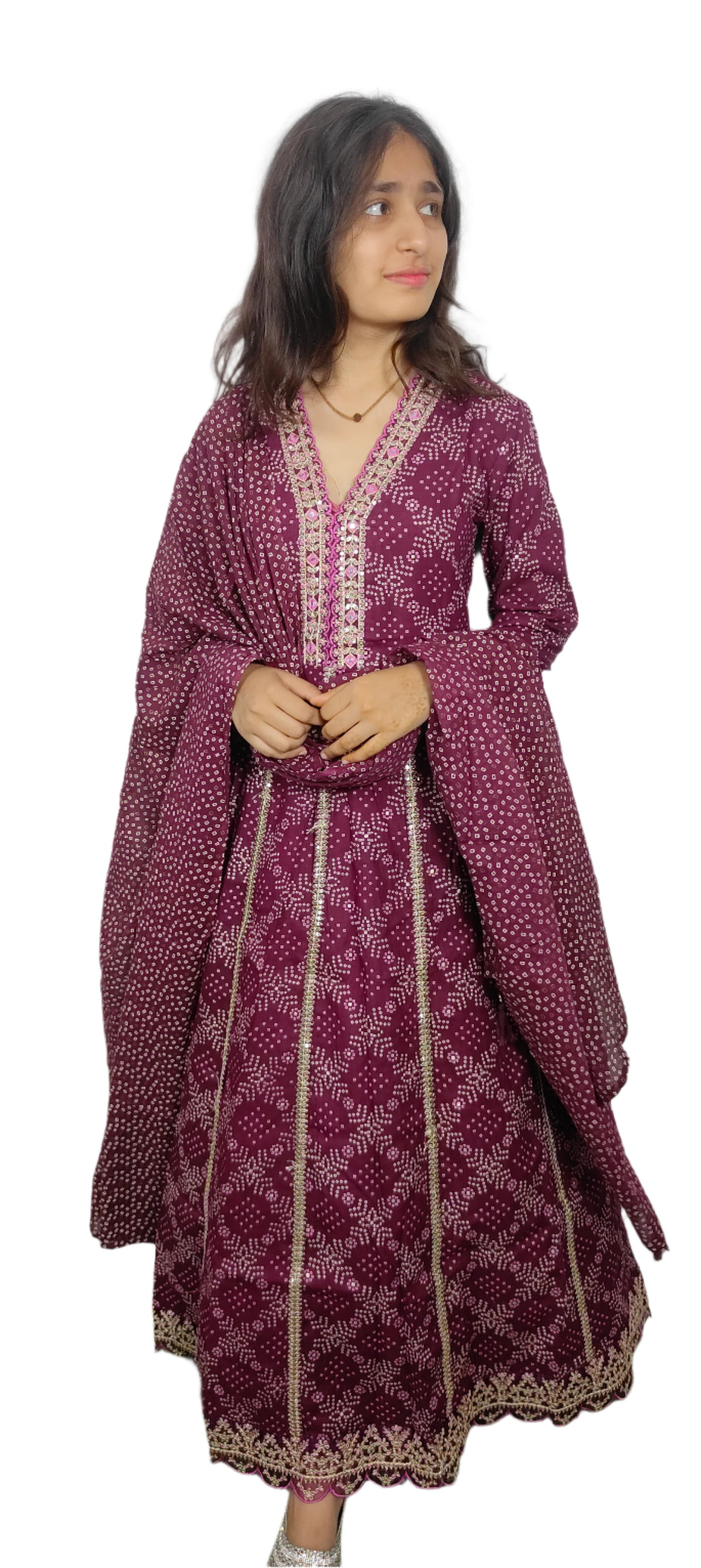 Maroon Bandhani 3 piece Kurta Set (Z03)