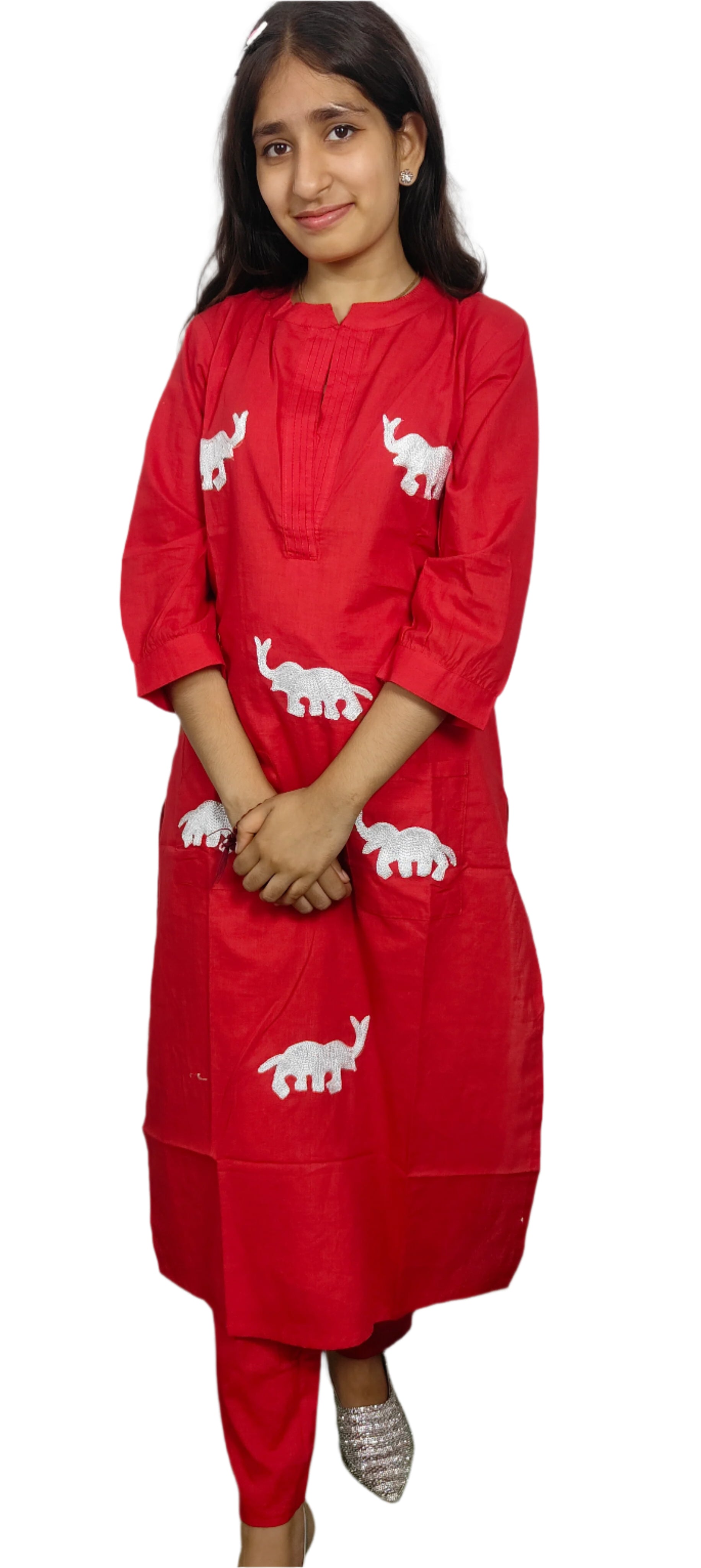 Red Kurta with Elephant Print 2  (Z098)