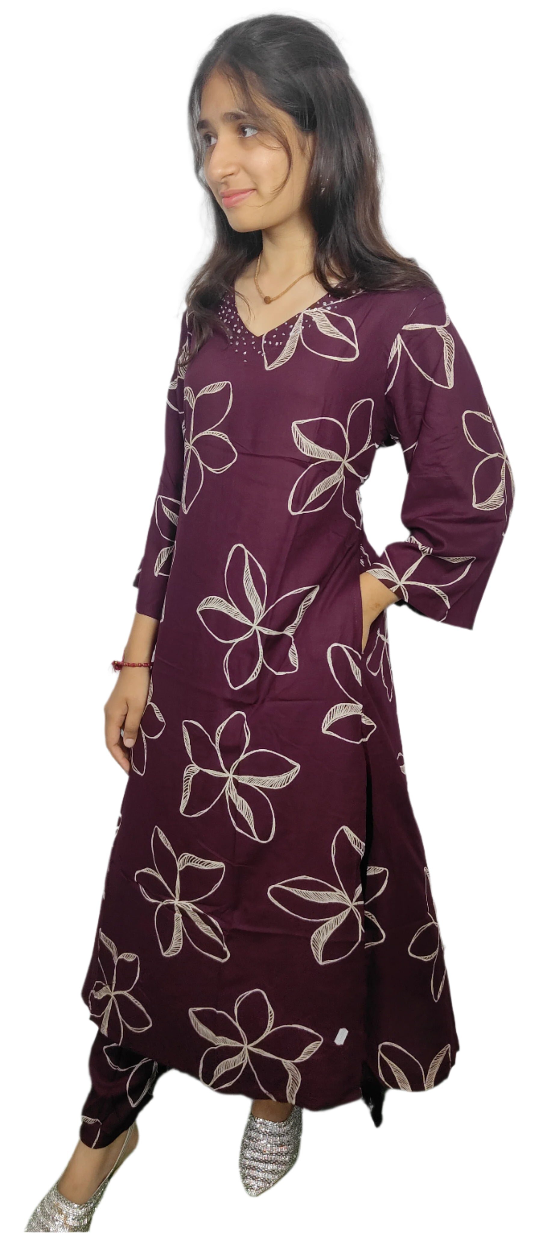 Wine Floral Print beautiful Kurta Set (Z0100)