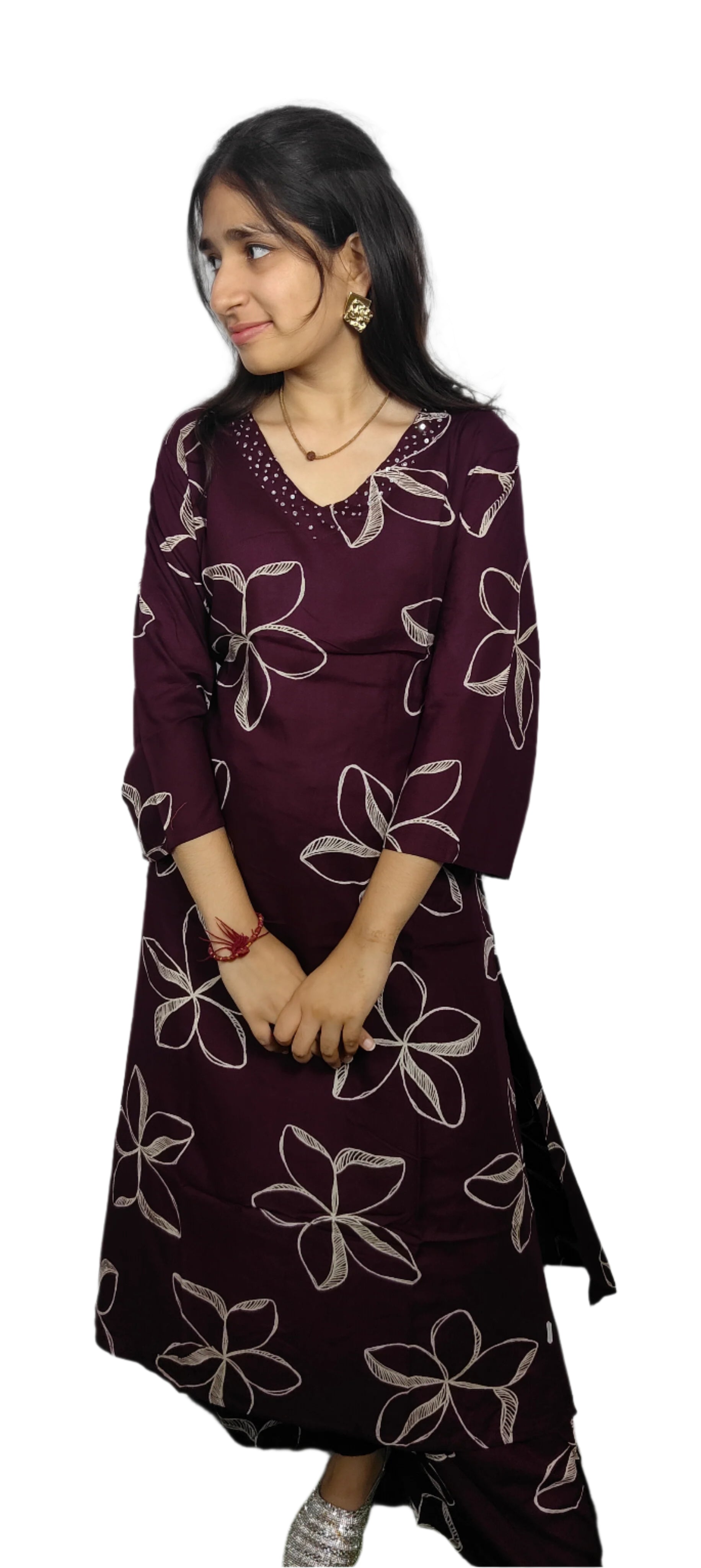 Wine Floral Print beautiful Kurta Set (Z0100)