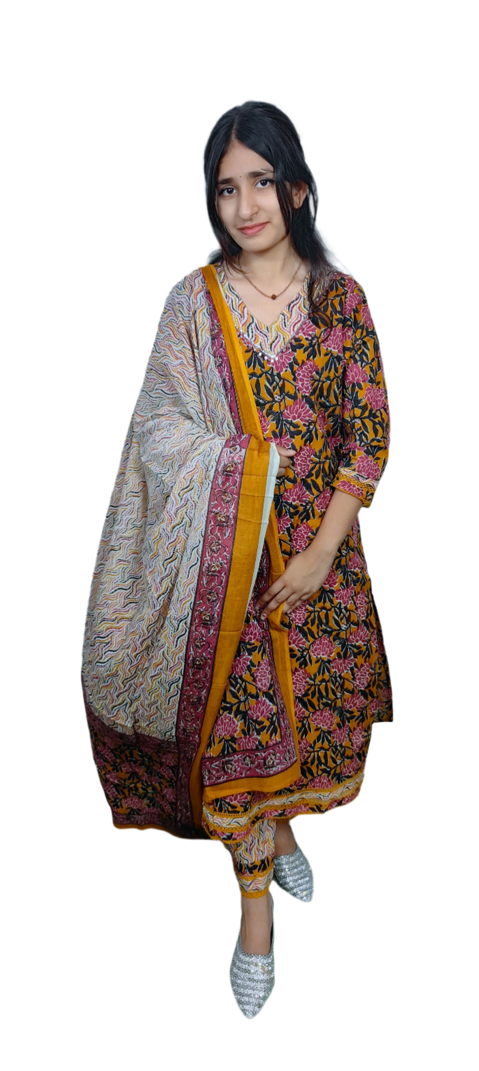 Mustard Floral Printed Suit Set (Z044)