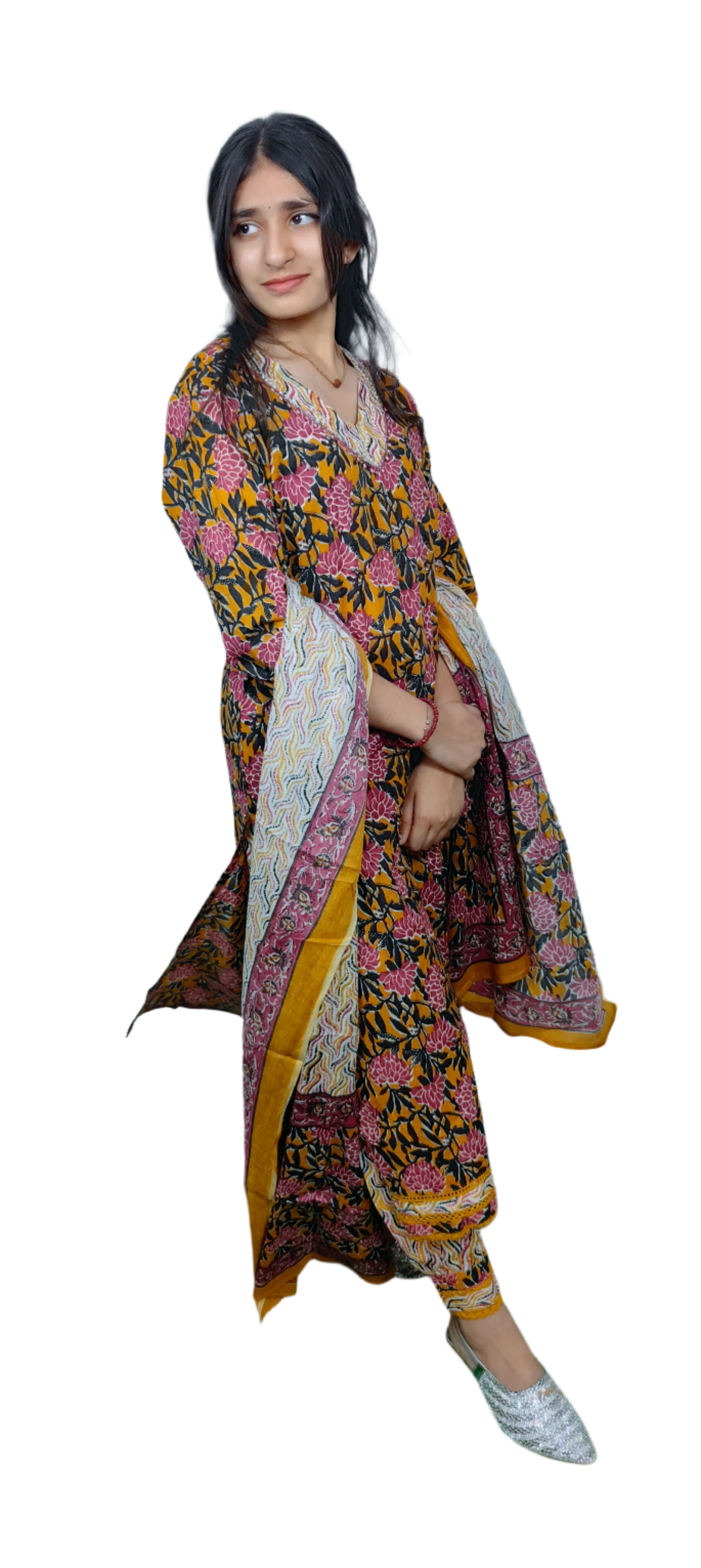 Mustard Floral Printed Suit Set (Z044)