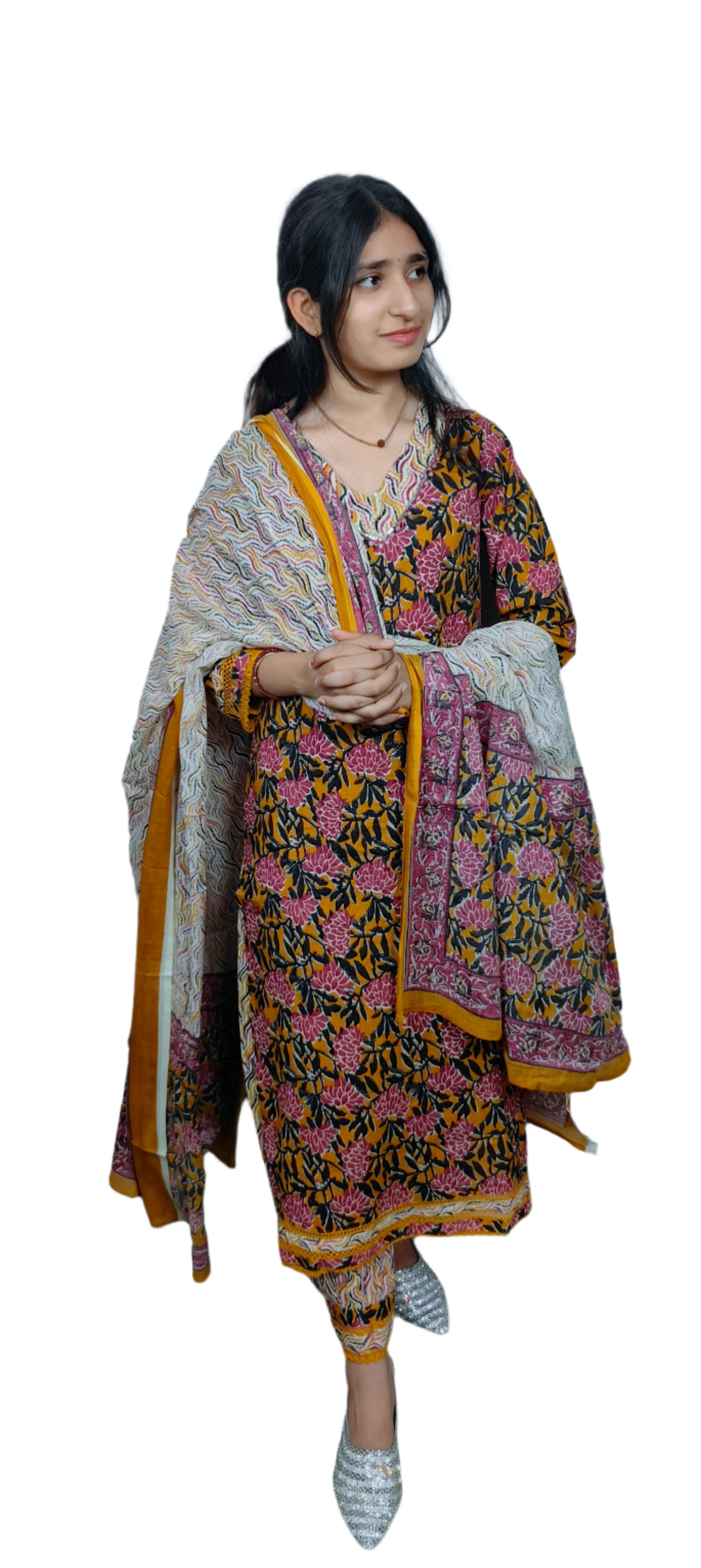 Mustard Floral Printed Suit Set (Z044)
