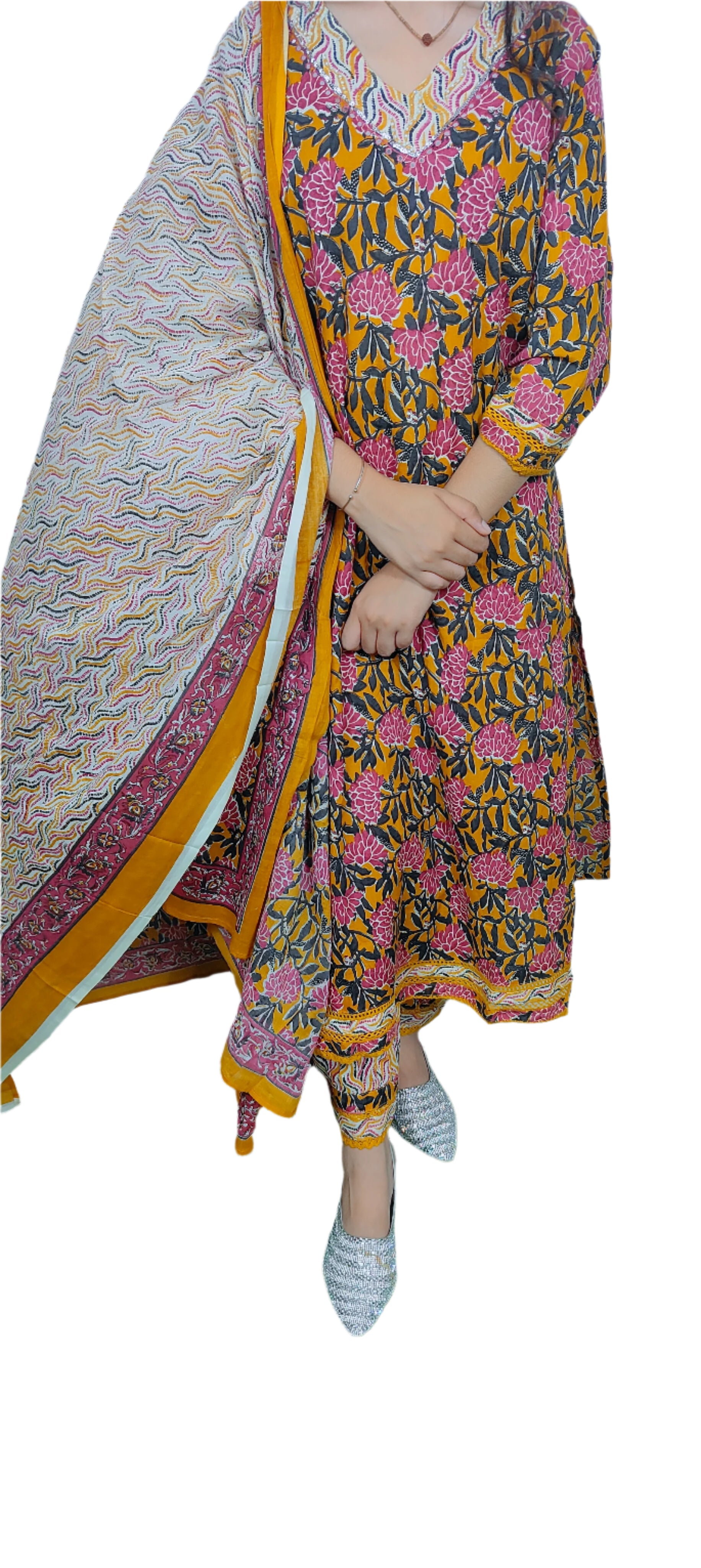 Mustard Floral Printed Suit Set (Z044)