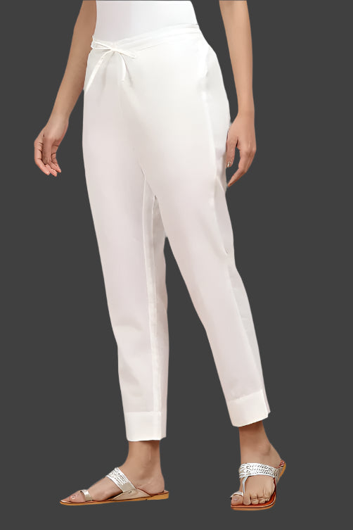 White Cotton Solid Regular Pants
