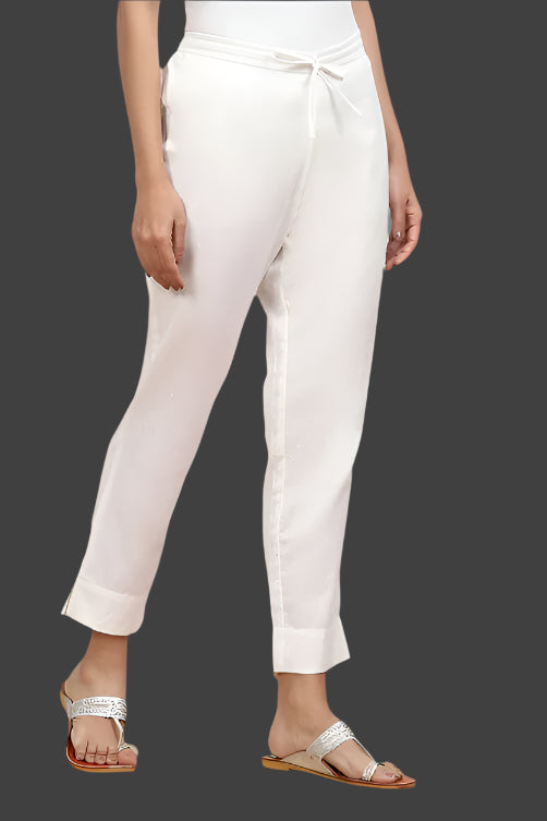 White Cotton Solid Regular Pants