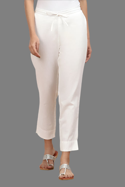 White Cotton Solid Regular Pants
