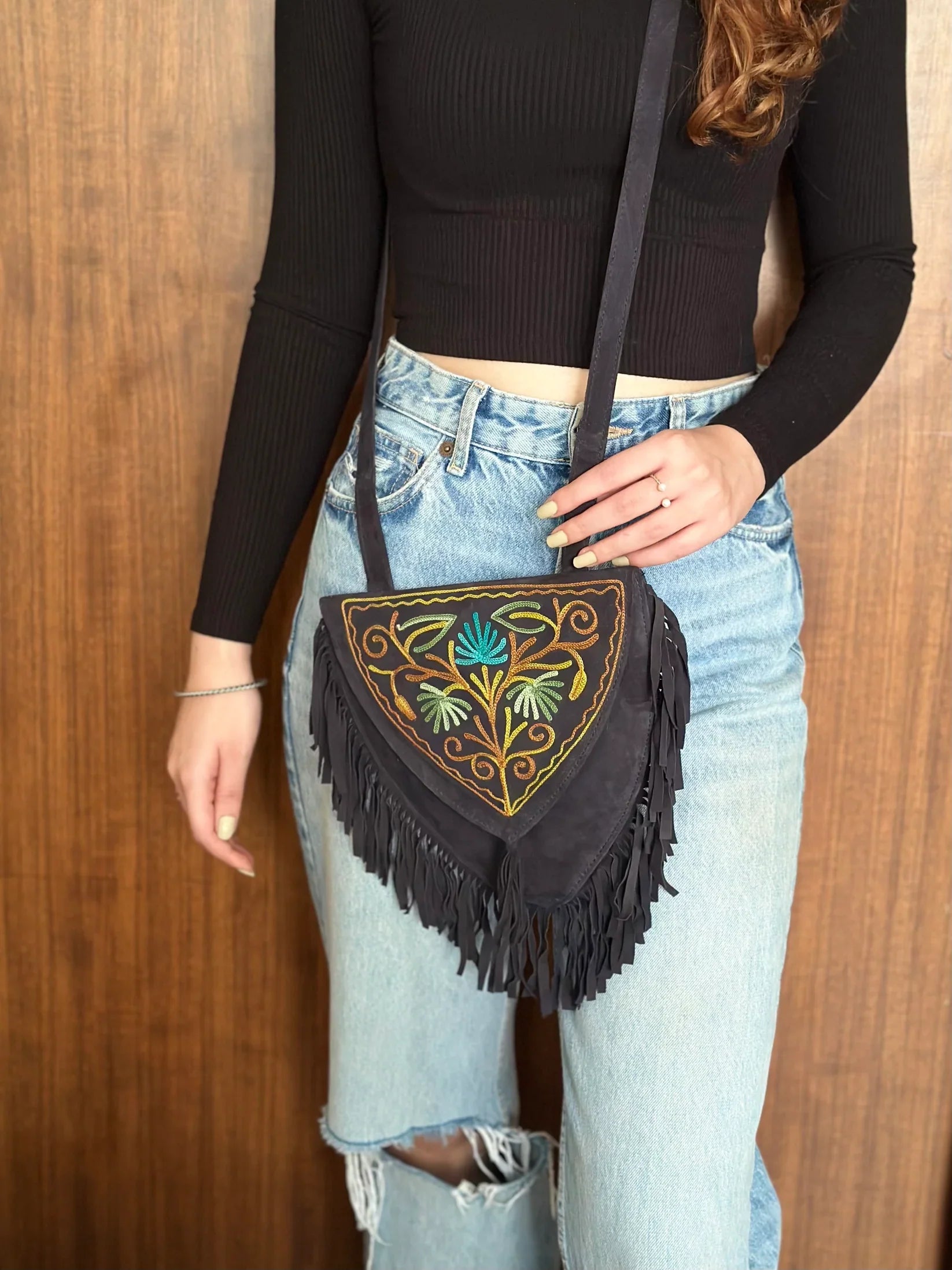 Leather Sling Bag with Fringes