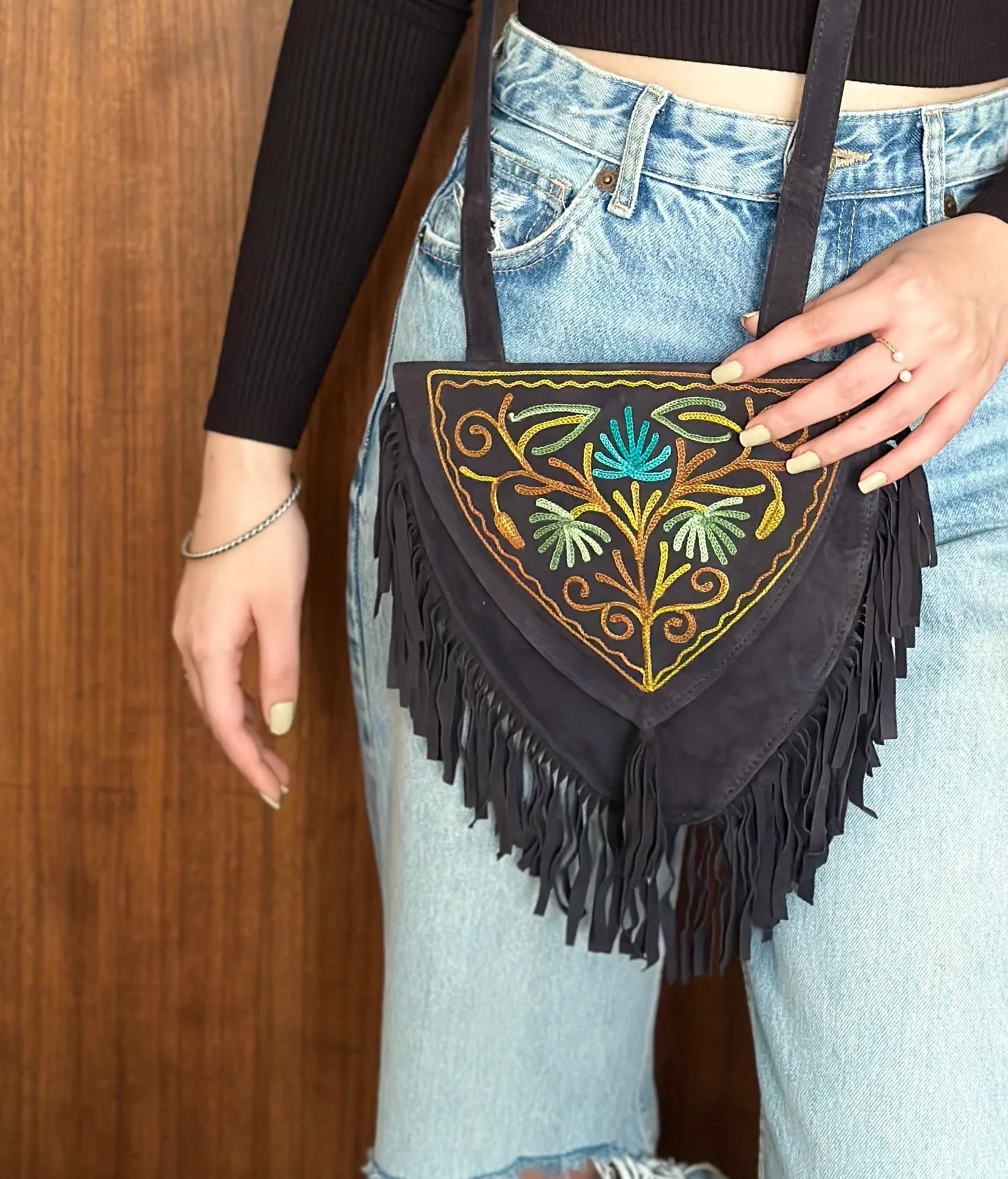 Leather Sling Bag with Fringes