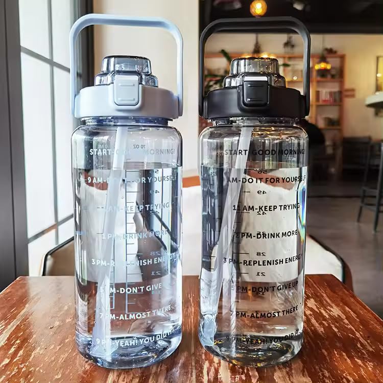 Transparent Motivational Water Bottles with Time Marker, Leakproof BPA-Free Fitness Sports Bottle (2000 ml, Multicolor)