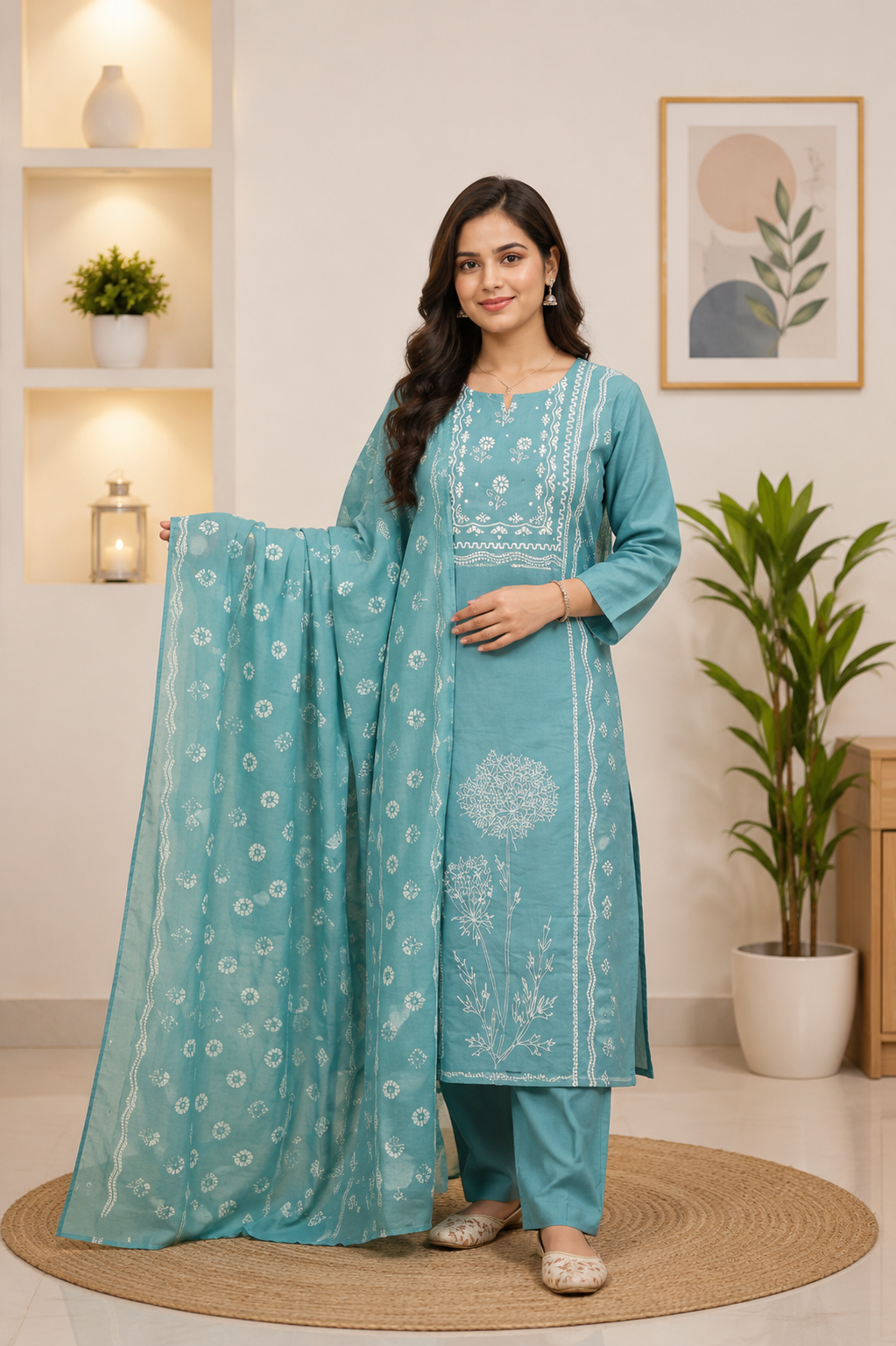 Powder blue colour pure cotton fabric 3 piece suit (Z0791)