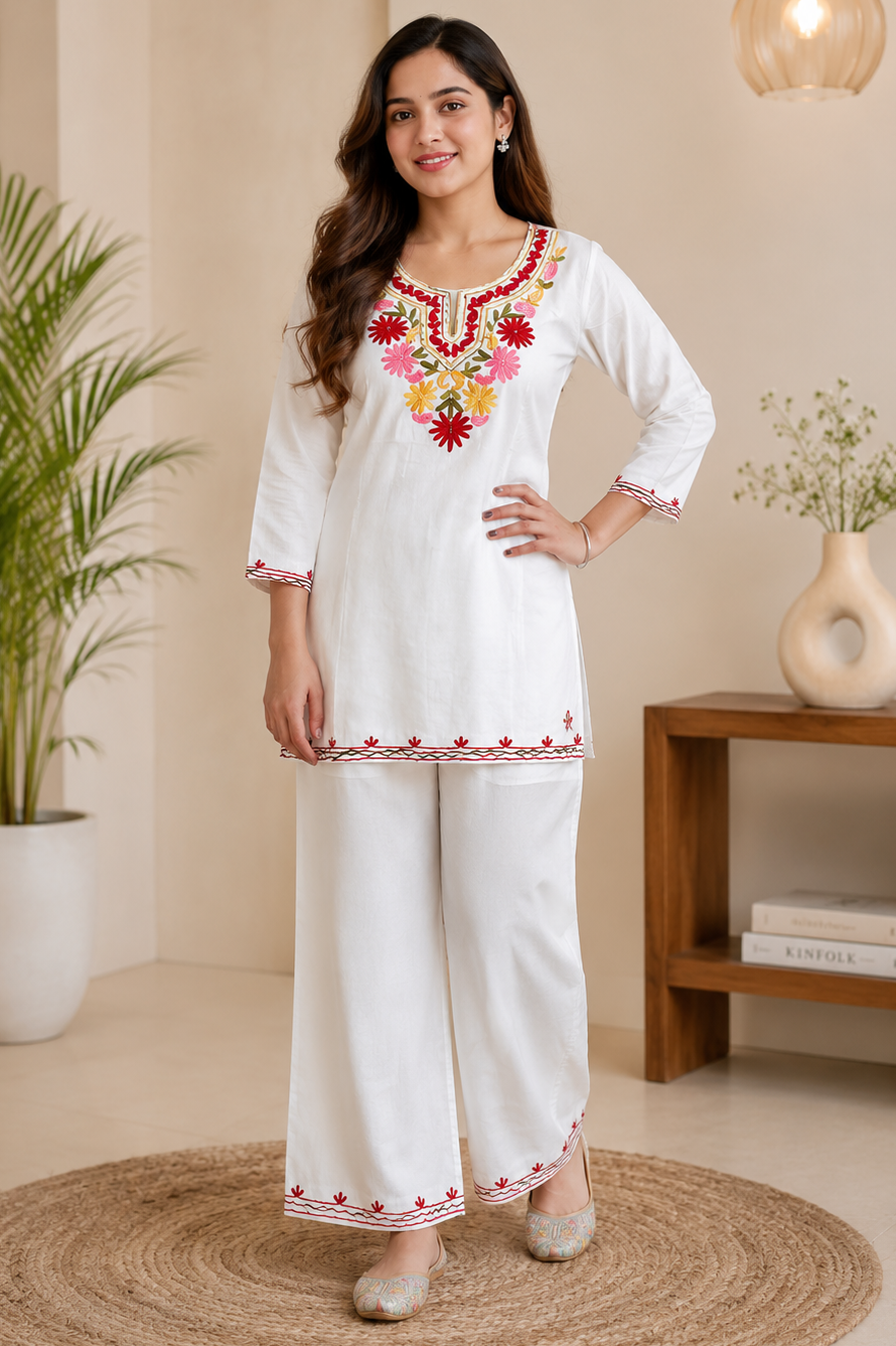 White colour kashmiri co-ord set (Z0773)