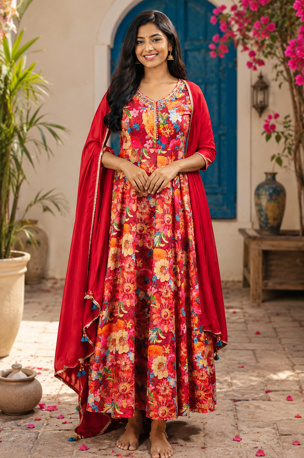 Red colour chinnon fabric 3 piece Anarkali suit (Z0732)