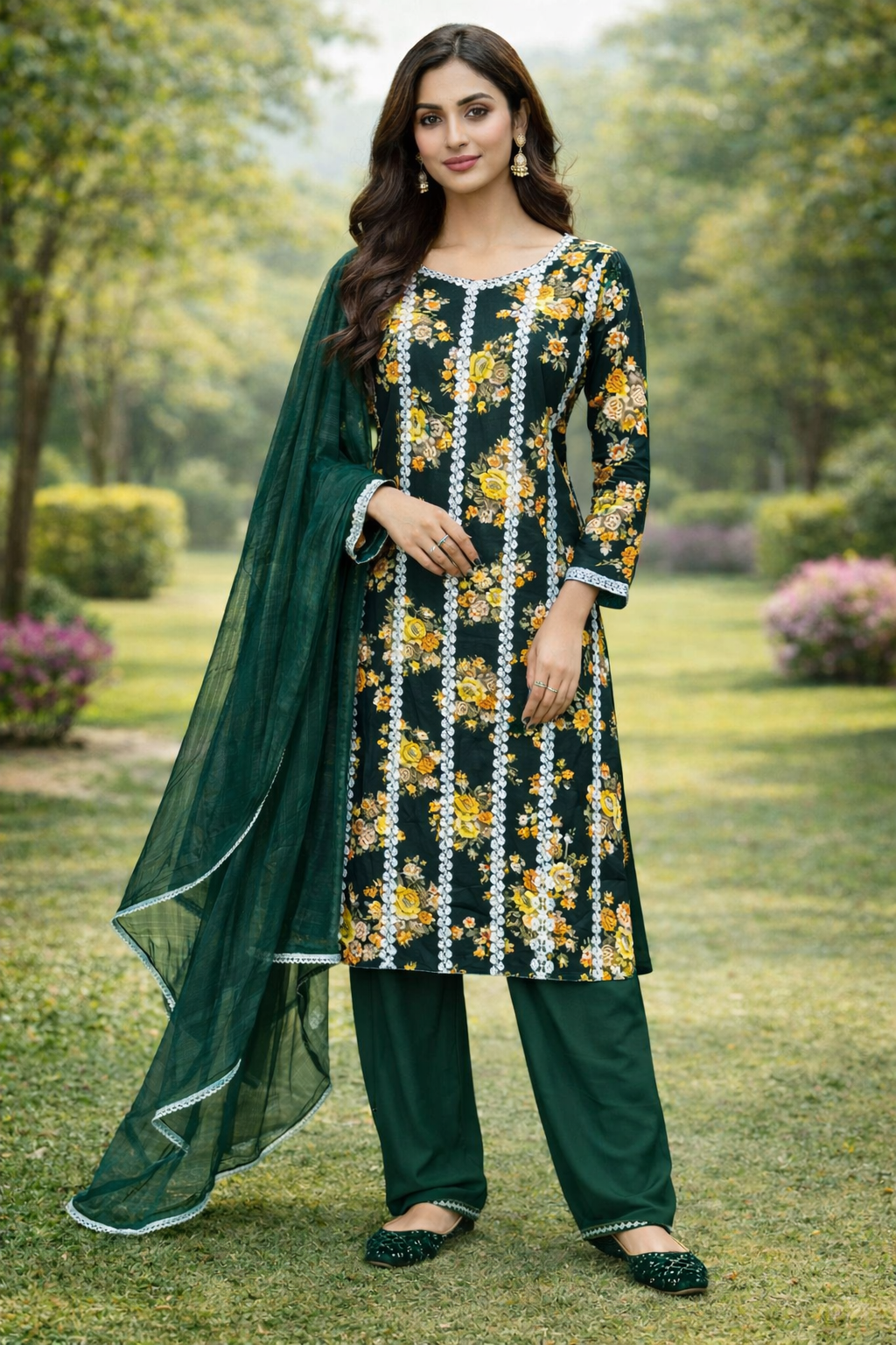 Green And yellow colour reyon cotton 3 piece suit (Z0494)