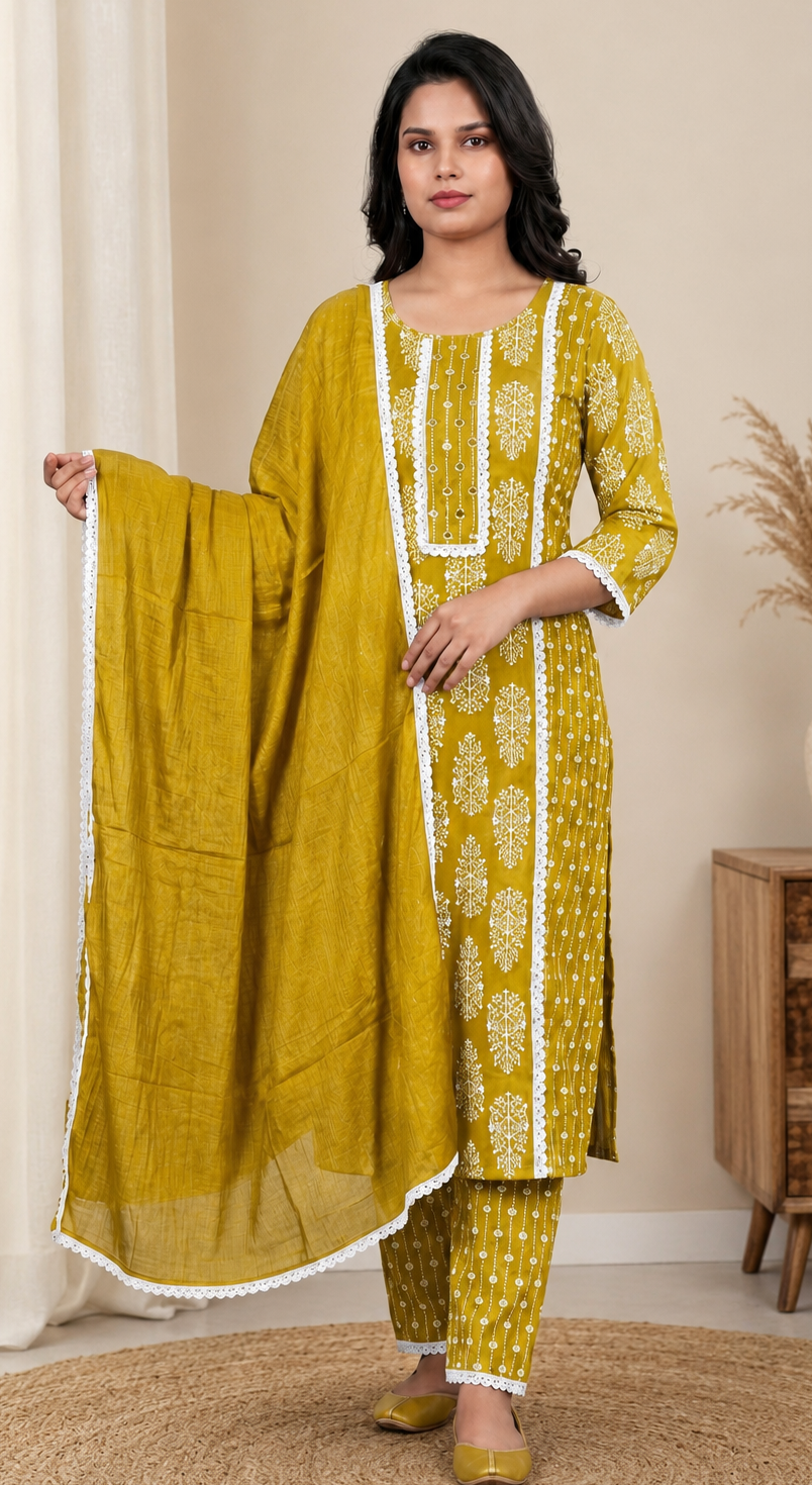 Yellow colour Lakhnavi cotton fabric 3 piece suit (Z0810)