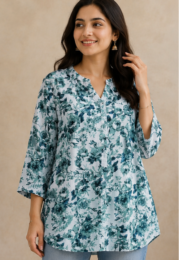 Blue colour khadi cotton long top (Z0741)