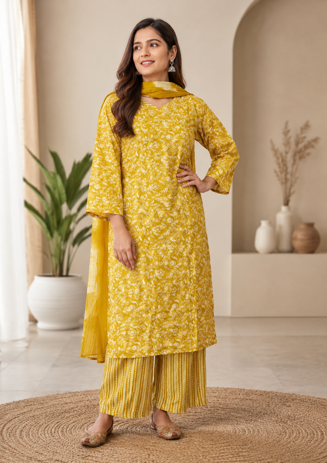 Yellow colour reyon cotton fabric 3 piece suit (Z0784)