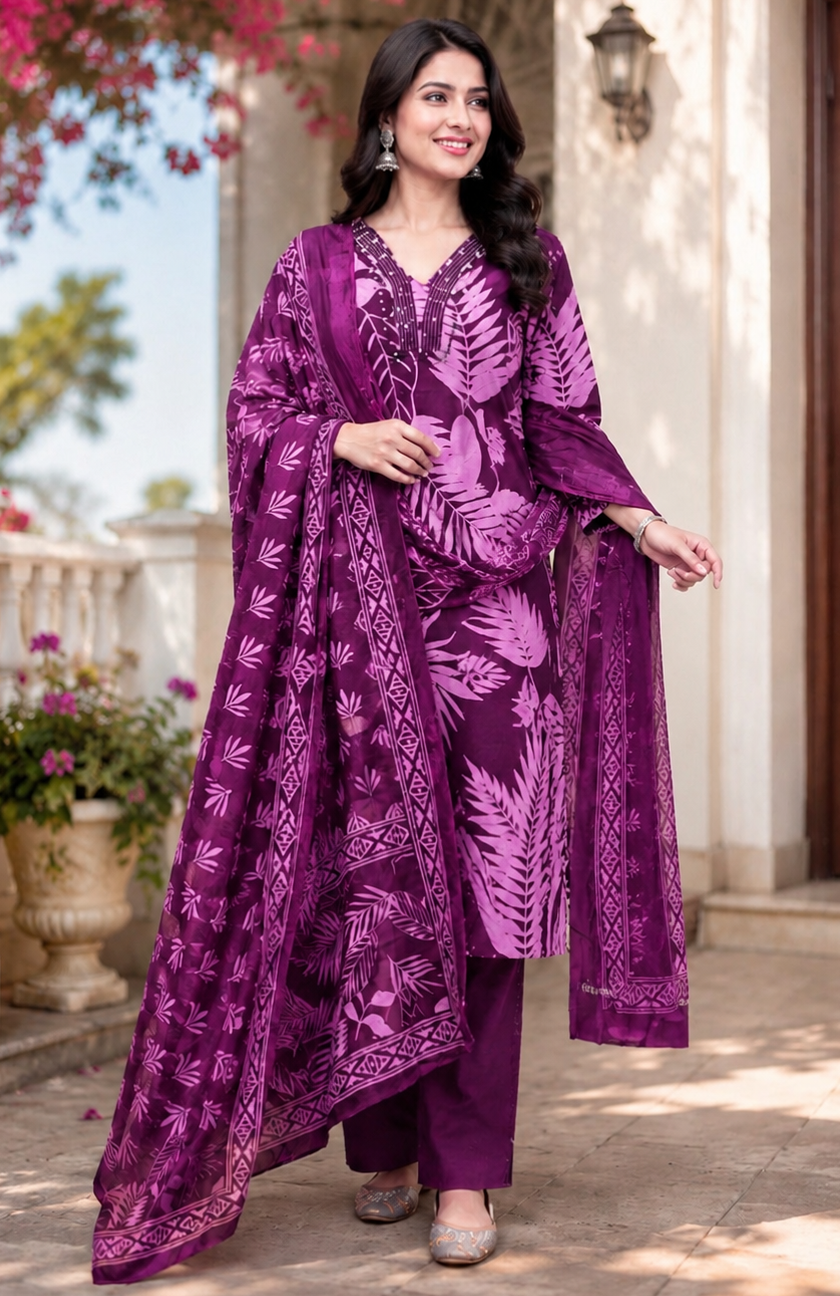Wine colour pure cotton fabric 3 piece suit (Z0760)