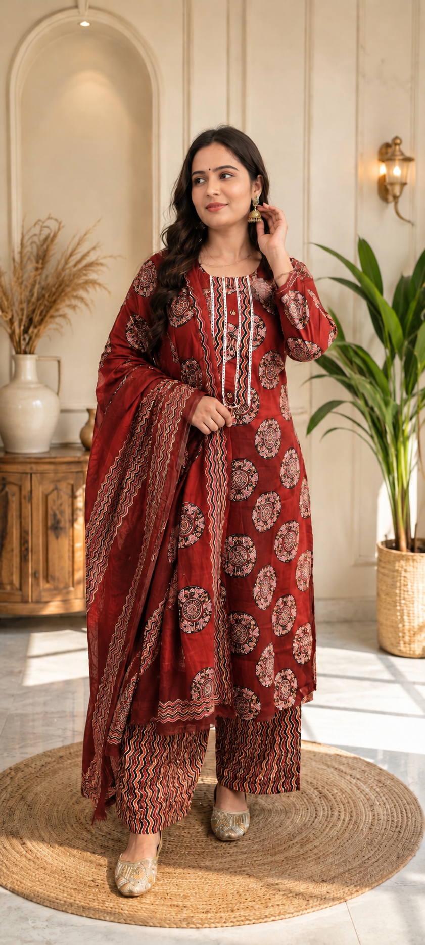 Red colour pure cotton fabric 3 piece suit (Z0788)