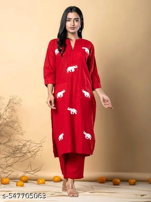 Red Kurta with Elephant Print 2  (Z098)